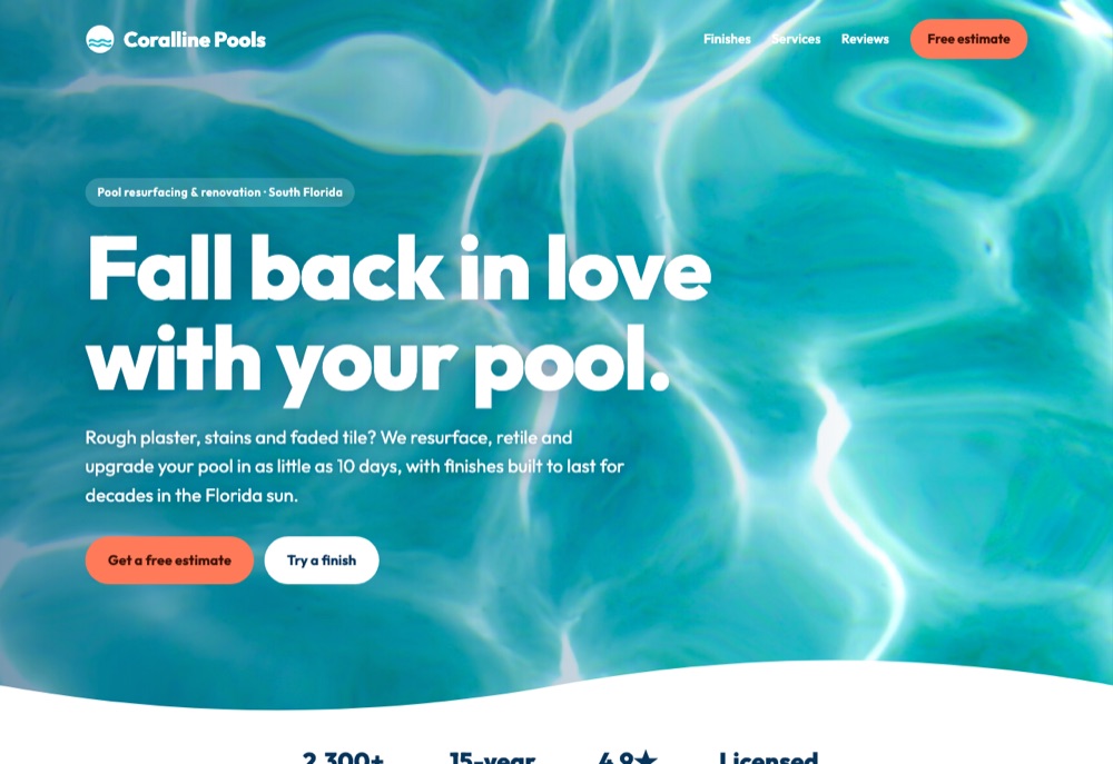 Coralline Pools concept website: a ‘Fall back in love with your pool’ headline over sparkling pool water